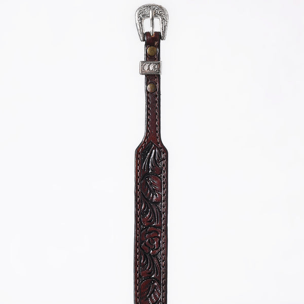 ADHTBR111 Dark Brown Tooled Leather Western Hatband with Floral Design & Silver Buckle