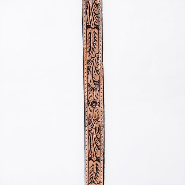 ADHTBR112 Natural Tooled Leather Western Hatband with Floral Design & Silver Buckle Set