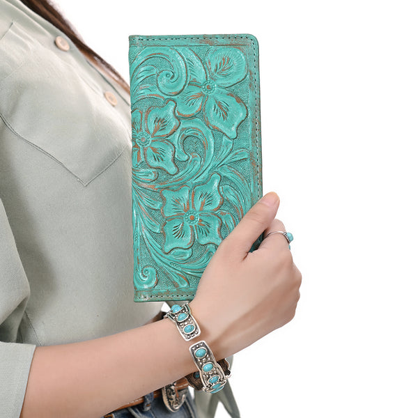 ADBG1537 American Darling Western Leather Clutch Bag with Hand-Tooled Floral Carving Genuine Leather