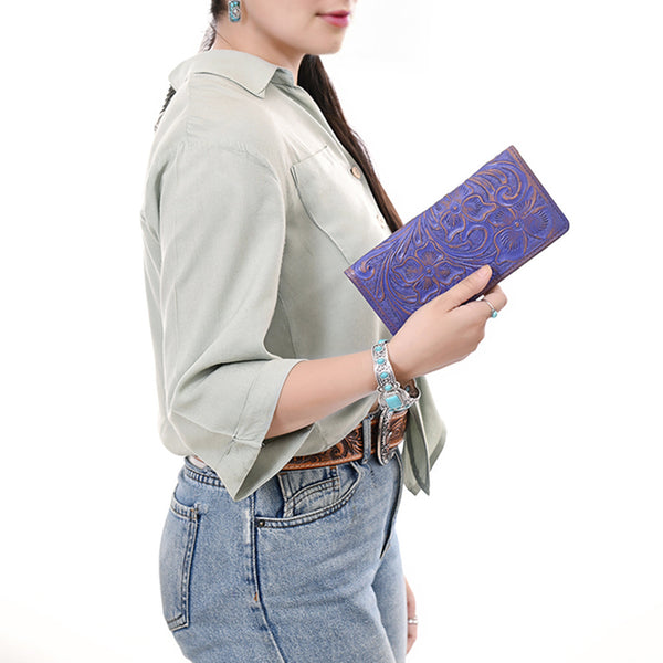 ADBG1537 American Darling Western Leather Clutch Bag with Hand-Tooled Floral Carving Genuine Leather