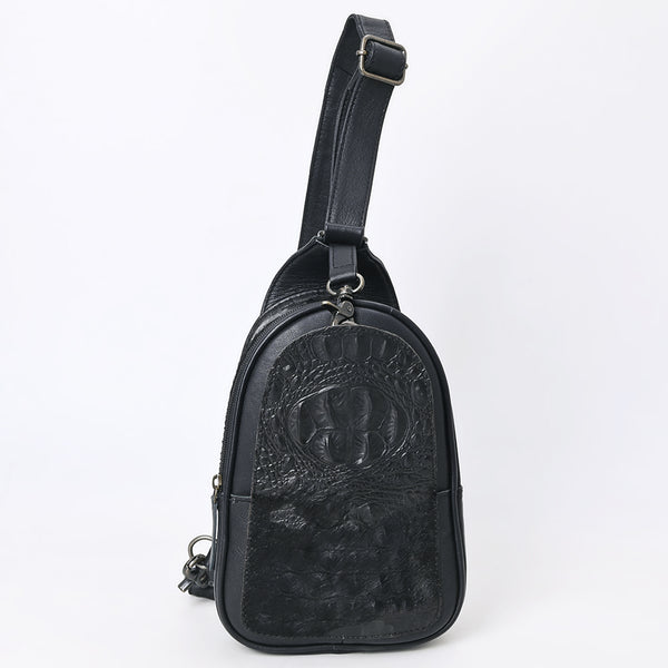 ADBG1538A American Darling Western Leather Sling Bag with Black Crocodile Embossed Detailing Genuine Hair-on cowhide Leather