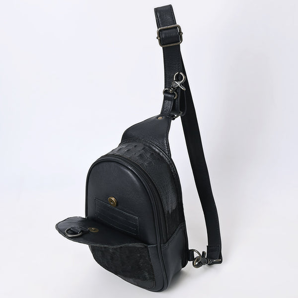 ADBG1538A American Darling Western Leather Sling Bag with Black Crocodile Embossed Detailing Genuine Hair-on cowhide Leather