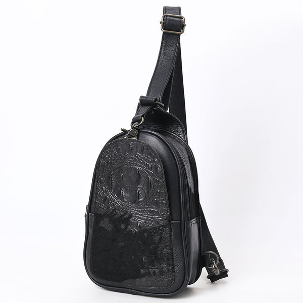 ADBG1538A American Darling Western Leather Sling Bag with Black Crocodile Embossed Detailing Genuine Hair-on cowhide Leather