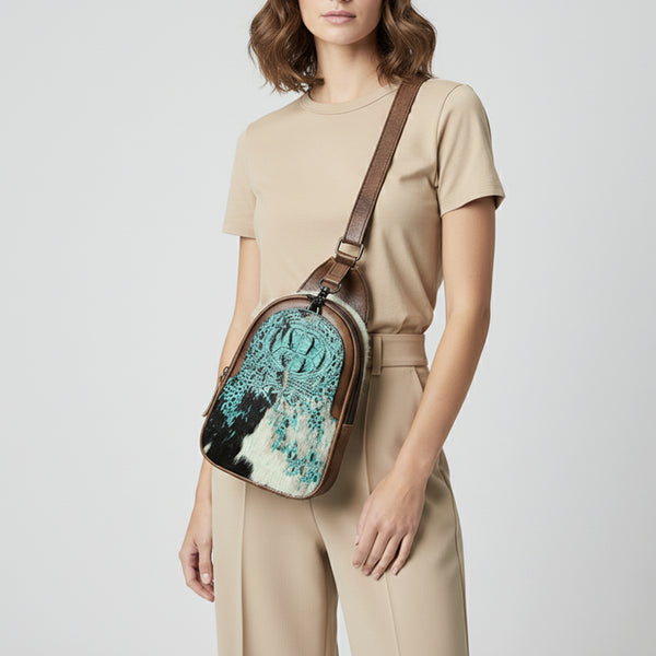 ADBG1538 American Darling Western Leather Sling Bag with Crocodile Embossed Detailing Genuine Hair-on cowhide Leather