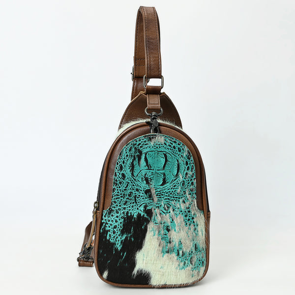 ADBG1538 American Darling Western Leather Sling Bag with Crocodile Embossed Detailing Genuine Hair-on cowhide Leather