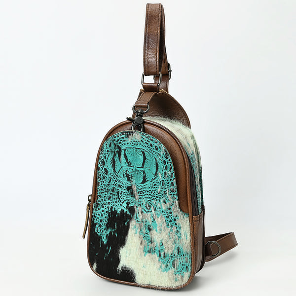 ADBG1538 American Darling Western Leather Sling Bag with Crocodile Embossed Detailing Genuine Hair-on cowhide Leather