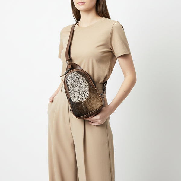 ADBG1538 American Darling Western Leather Sling Bag with Crocodile Embossed Detailing Genuine Hair-on cowhide Leather