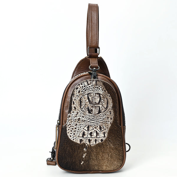 ADBG1538 American Darling Western Leather Sling Bag with Crocodile Embossed Detailing Genuine Hair-on cowhide Leather