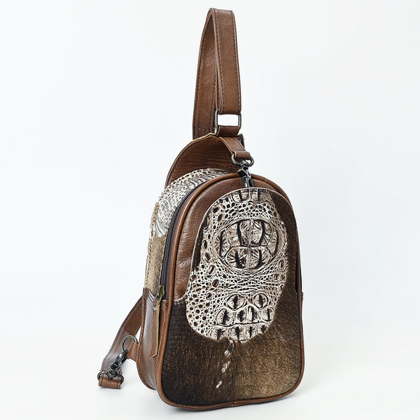 ADBG1538 American Darling Western Leather Sling Bag with Crocodile Embossed Detailing Genuine Hair-on cowhide Leather
