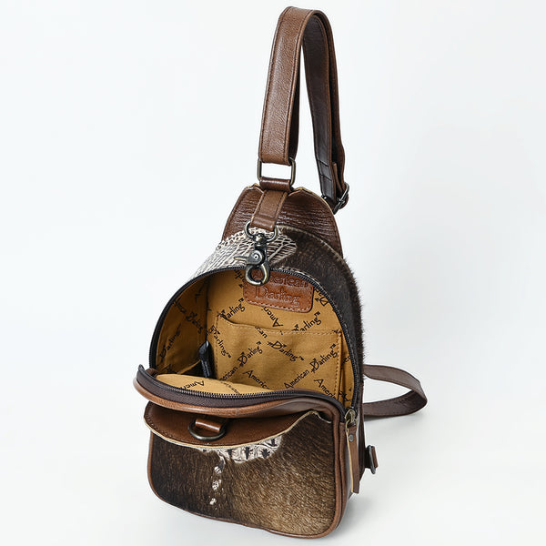 ADBG1538 American Darling Western Leather Sling Bag with Crocodile Embossed Detailing Genuine Hair-on cowhide Leather