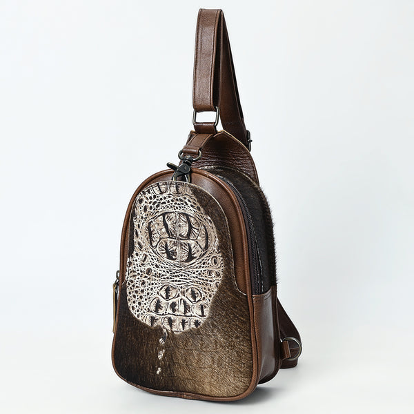ADBG1538 American Darling Western Leather Sling Bag with Crocodile Embossed Detailing Genuine Hair-on cowhide Leather