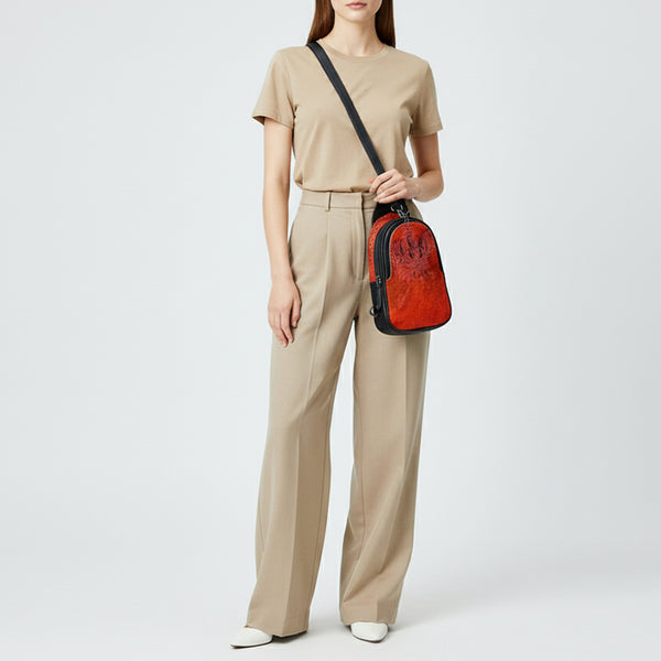 ADBG1538 American Darling Western Leather Sling Bag with Crocodile Embossed Detailing Genuine Hair-on cowhide Leather