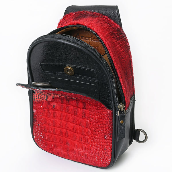 ADBG1538 American Darling Western Leather Sling Bag with Crocodile Embossed Detailing Genuine Hair-on cowhide Leather