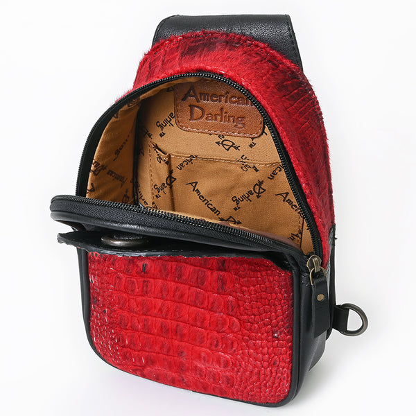 ADBG1538 American Darling Western Leather Sling Bag with Crocodile Embossed Detailing Genuine Hair-on cowhide Leather