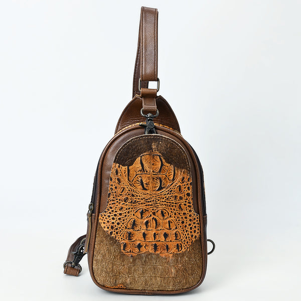 ADBG1538 American Darling Western Leather Sling Bag with Crocodile Embossed Detailing Genuine Hair-on cowhide Leather