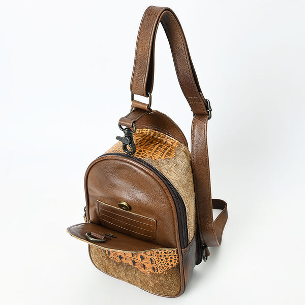 ADBG1538 American Darling Western Leather Sling Bag with Crocodile Embossed Detailing Genuine Hair-on cowhide Leather