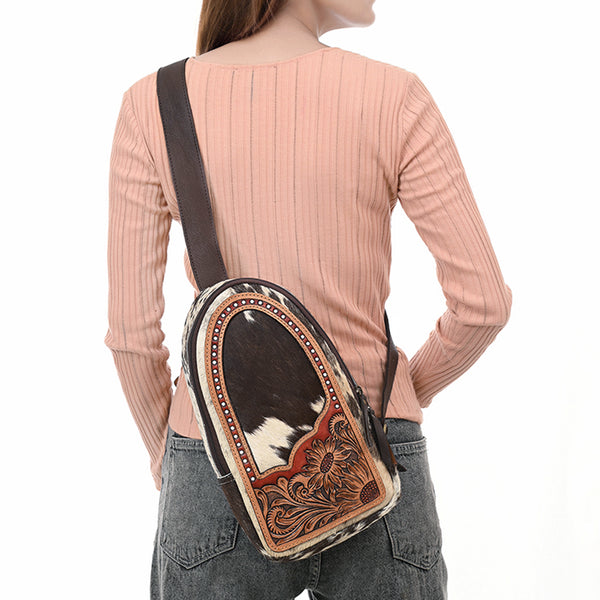 ADBGA591 Handcrafted Cowhide Leather Sling Bag-Western Floral Tooled Crossbody