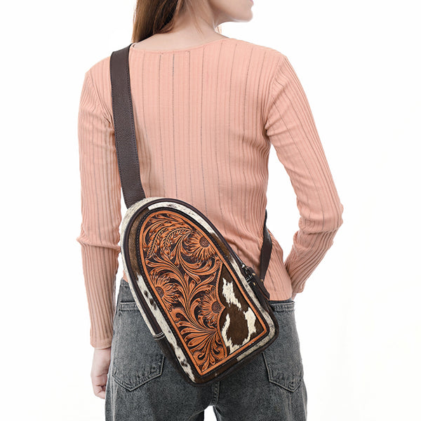 ADBGA592 American Darling Hand Tooled Floral Carved Hair-On Cowhide Sling Bag