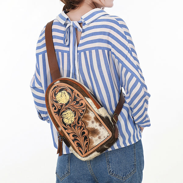ADBGA592 American Darling Hand Tooled Floral Carved Hair-On Cowhide Sling Bag
