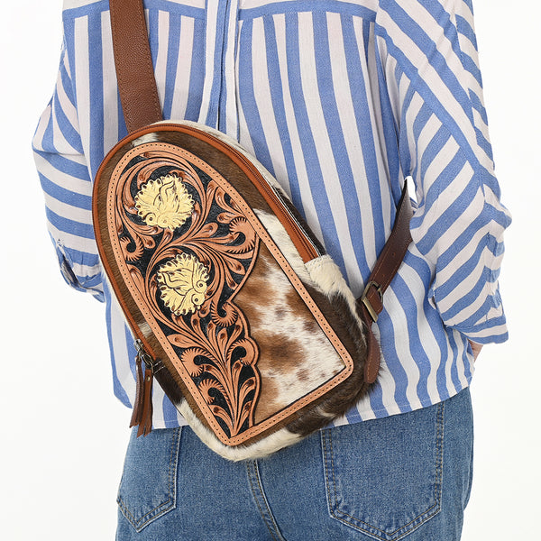 ADBGA592 American Darling Hand Tooled Floral Carved Hair-On Cowhide Sling Bag