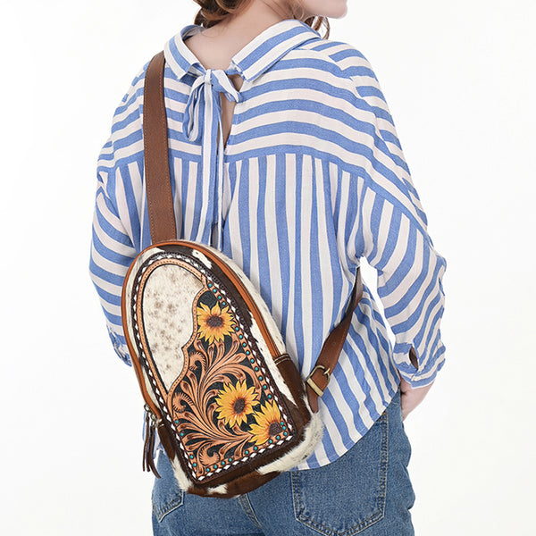 ADBGA592 American Darling Hand Tooled Floral Carved Hair-On Cowhide Sling Bag