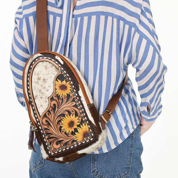 ADBGA592 American Darling Hand Tooled Floral Carved Hair-On Cowhide Sling Bag
