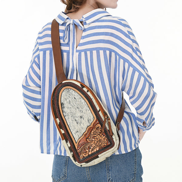 ADBGA592 American Darling Hand Tooled Floral Carved Hair-On Cowhide Sling Bag