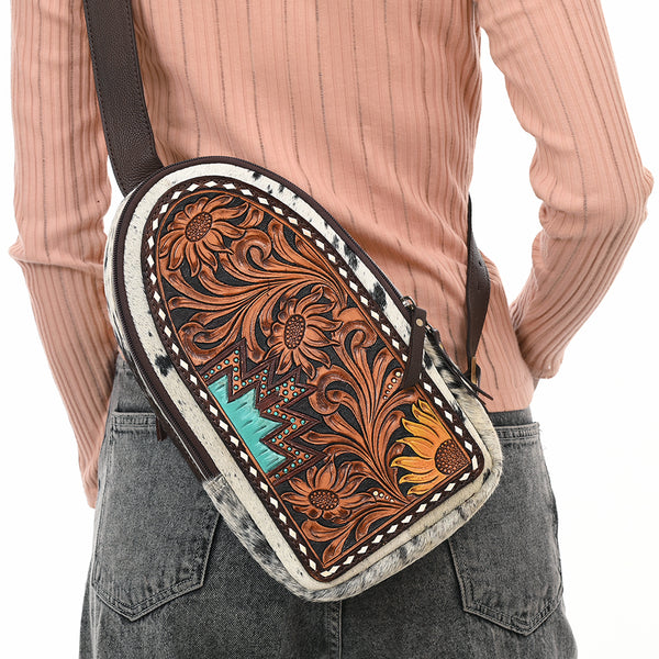 ADBGA593 American Darling Hair-On Cowhide Hand Tooled Genuine Leather Sling Bag