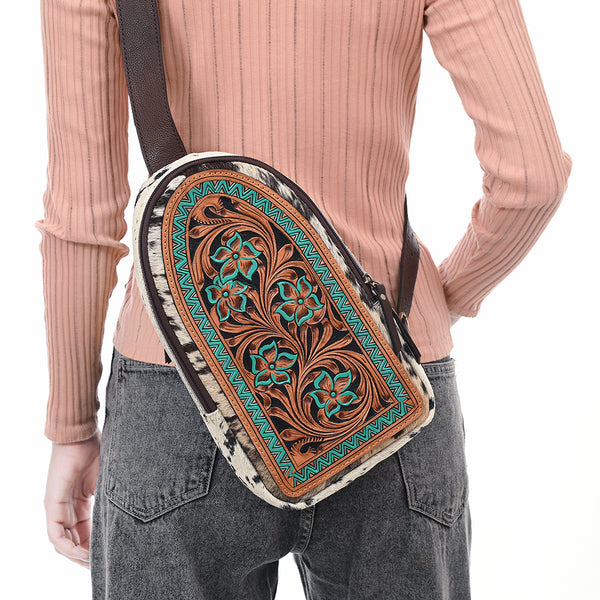 ADBGA593 American Darling Hair-On Cowhide Hand Tooled Genuine Leather Sling Bag