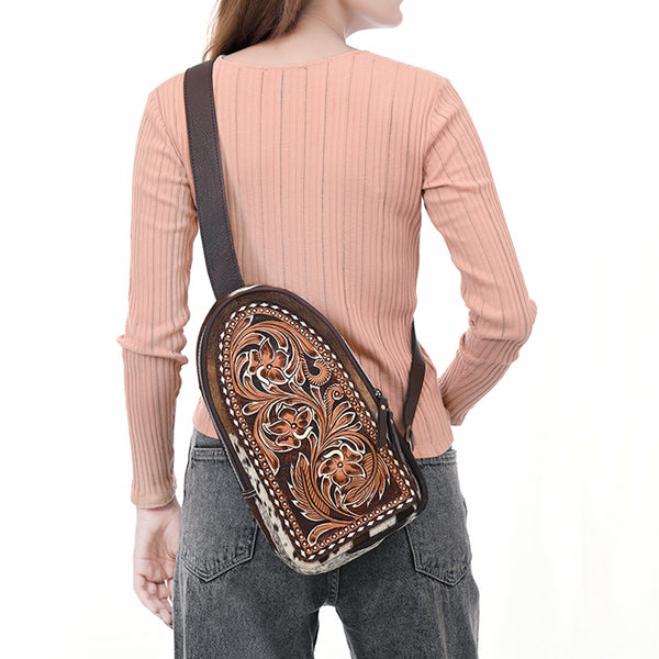 ADBGA593 American Darling Hair-On Cowhide Hand Tooled Genuine Leather Sling Bag