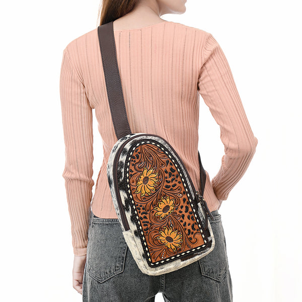 ADBGA594 American Darling Buck Stitched Floral Carved Hair-On Sling Bag