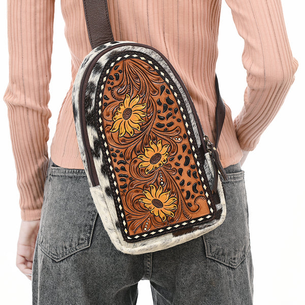 ADBGA594 American Darling Buck Stitched Floral Carved Hair-On Sling Bag