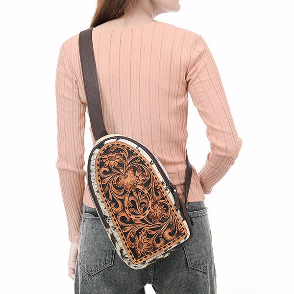 ADBGA594 American Darling Buck Stitched Floral Carved Hair-On Sling Bag