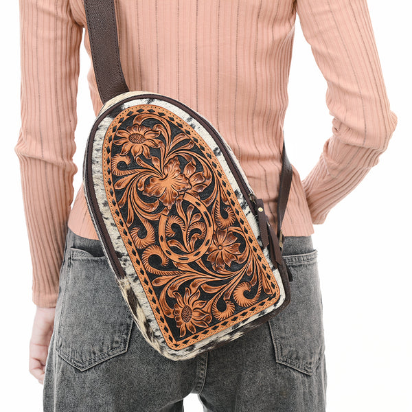 ADBGA594 American Darling Buck Stitched Floral Carved Hair-On Sling Bag