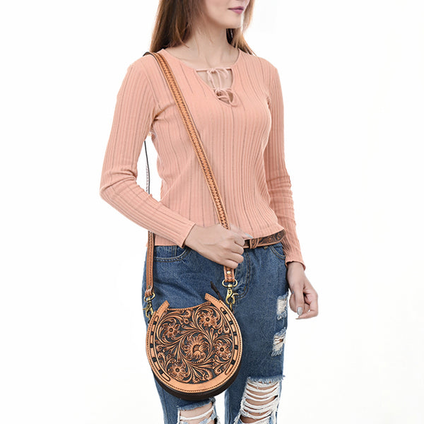 ADBGA596 American Darling Genuine Western Tooled Leather Horseshoe Design Canteen Bag