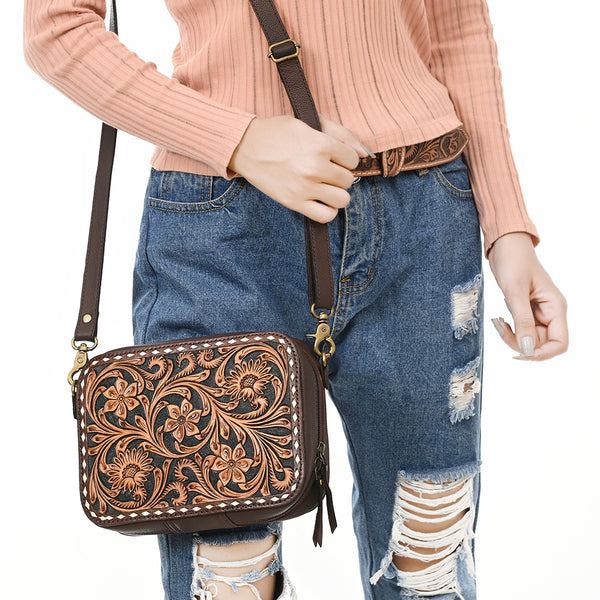 ADBGA599 American Darling Buck Stitched Floral Carved Genuine Leather Camera Bag