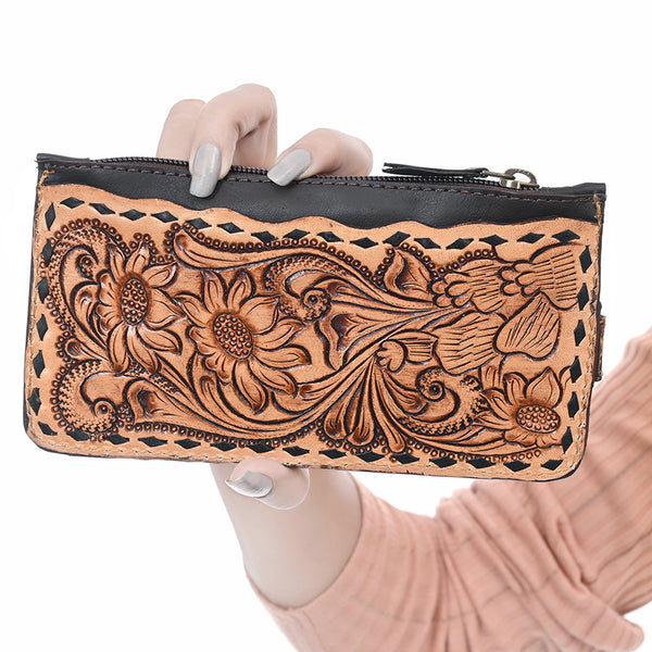ADBGA600 American Darling Buck Stitched Floral Carved Leather Card Holder