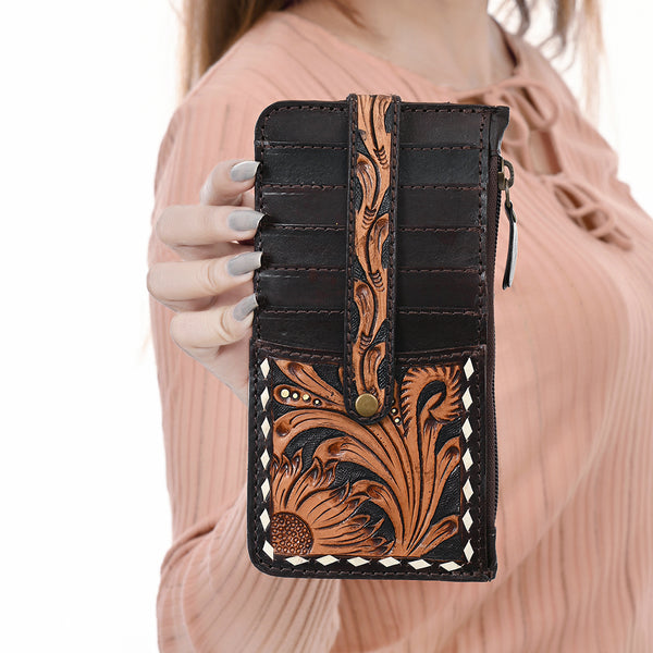 ADBGA601 American Darling Buck Stitched Floral Carved Genuine Leather Card Holder