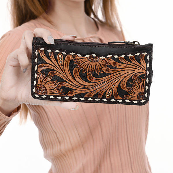 ADBGA601 American Darling Buck Stitched Floral Carved Genuine Leather Card Holder