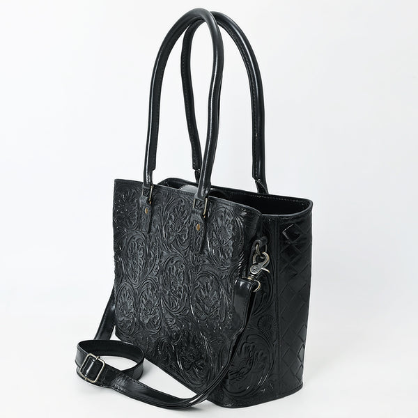 ADBG1539 American Darling Black Western Leather Tote Bag with Hand-Tooled Floral Design Genuine Leather