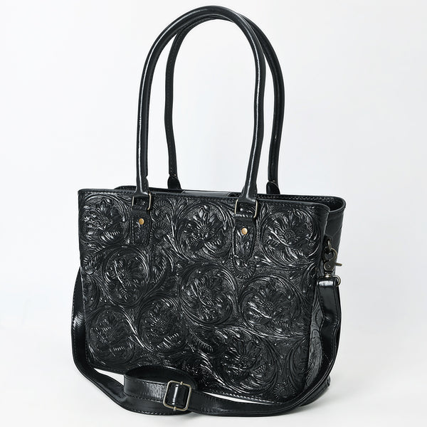 ADBG1539 American Darling Black Western Leather Tote Bag with Hand-Tooled Floral Design Genuine Leather