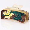 ADHC146 Western Hand-Tooled Leather Hair Band Clip Clutcher with Yellow Flower & Green Scroll