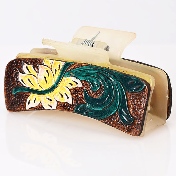 ADHC146 Western Hand-Tooled Leather Hair Band Clip Clutcher with Yellow Flower & Green Scroll
