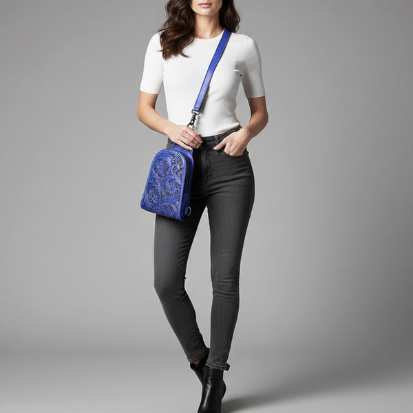 ADBG1542 American Darling Western Leather Sling Bag with Hand-Tooled Floral Design Genuine Vegetable-Tanned Leather