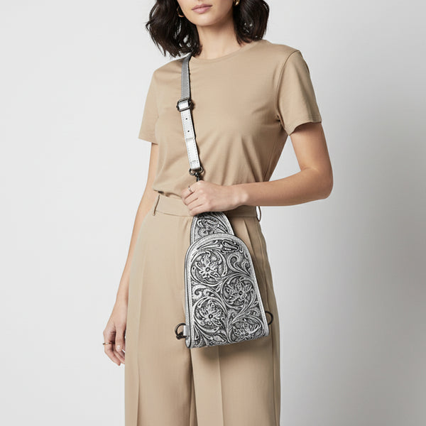 ADBG1542 American Darling Western Leather Sling Bag with Hand-Tooled Floral Design Genuine Vegetable-Tanned Leather