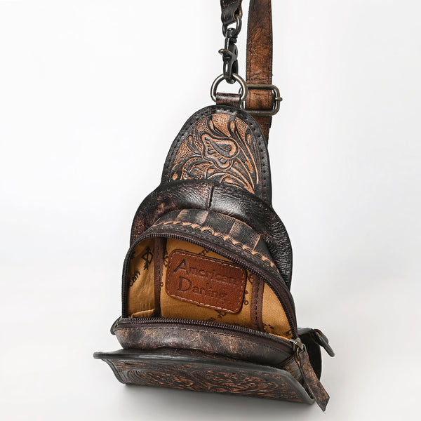ADBG1542 American Darling Western Leather Sling Bag with Hand-Tooled Floral Design Genuine Vegetable-Tanned Leather