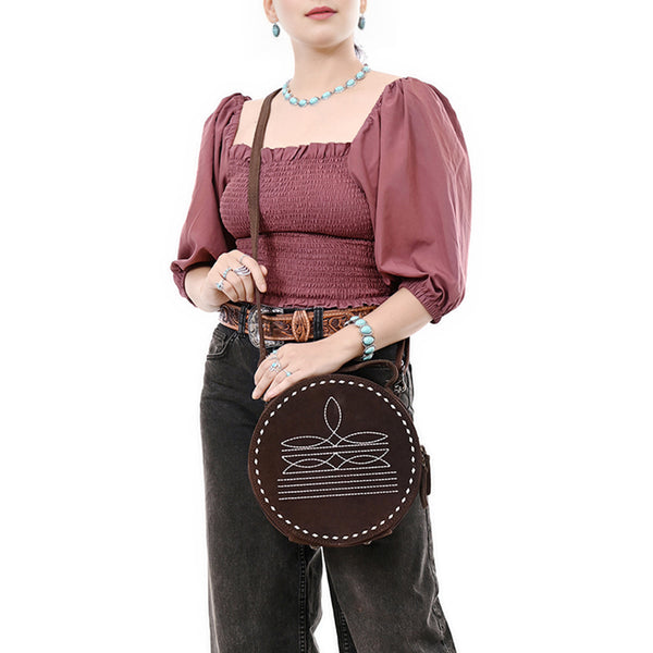 ADBG1549 American Darling Western Genuine Suede Leather Canteen Bag with Stitch Detailing Handcrafted Round Purse