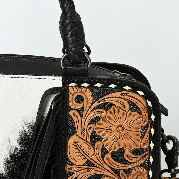 ADBG1551 American Darling Western Leather Tote Bag with Hair-On Cowhide & Hand-Tooled Floral Panels