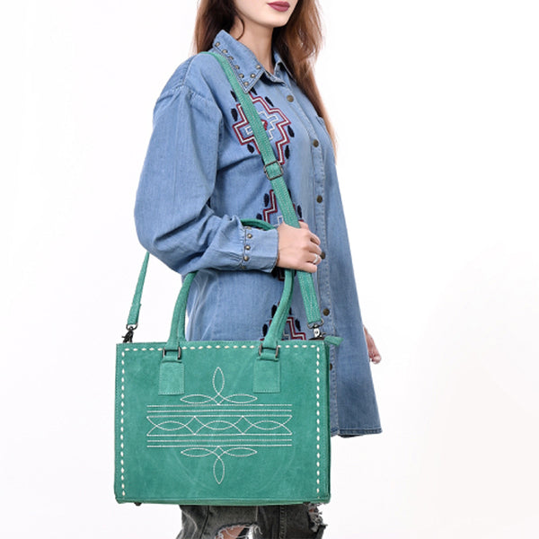 ADBG1553 American Darling Western Genuine Suede Leather Tote Bag with Buck Stitching | Handcrafted Everyday Tote