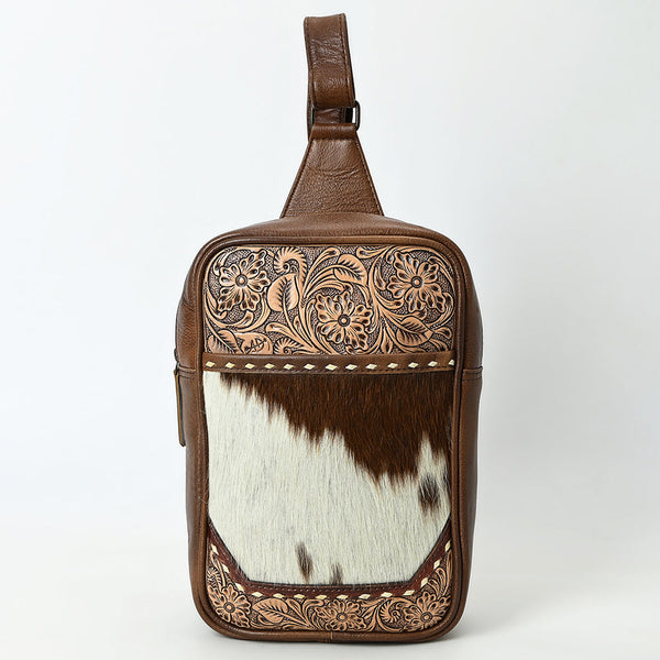 ADBG1555 American Darling Western Leather Sling Bag with Hair-On Cowhide & Hand-Tooled Floral Accents